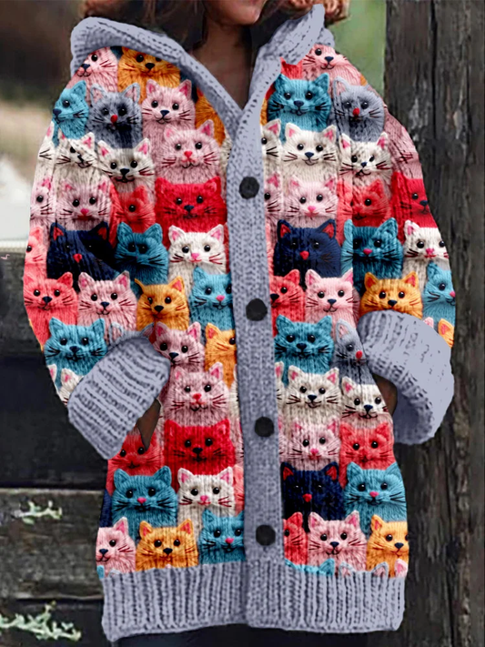 Cozy hooded cardigan with a fun kitty print