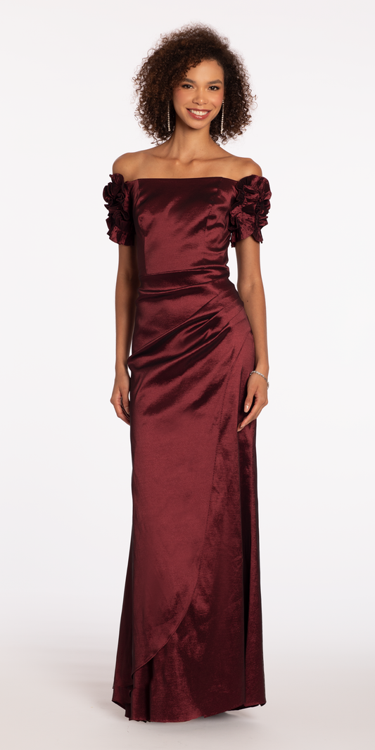 Taffeta Ruffle Off the Shoulder Trumpet Dress