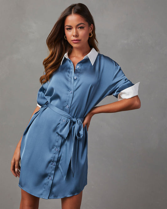 Navy %  Bates Satin Tie Waist Mini Shirt Dress-1